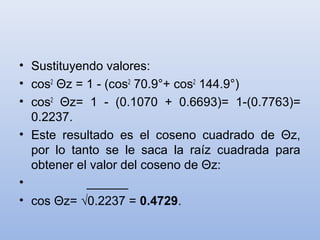 • Sustituyendo valores:
• cos2 Θz = 1 - (cos2 70.9°+ cos2 144.9°)
• cos2 Θz= 1 - (0.1070 + 0.6693)= 1-(0.7763)=
  0.2237.
• Este resultado es el coseno cuadrado de Θz,
  por lo tanto se le saca la raíz cuadrada para
  obtener el valor del coseno de Θz:
•           ______
• cos Θz= √0.2237 = 0.4729.
 