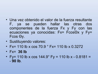 • Una vez obtenido el valor de la fuerza resultante
  F, ya se pueden hallar las otras dos
  componentes de la fuerza Fx y Fy con las
  ecuaciones ya conocidas: Fx= FcosΘx y Fy=
  Fcos Θy.
• Sustituyendo valores:
• Fx= 110 lb x cos 70.9 ° Fx= 110 lb x 0.3272
• Fx= 36 lb
• Fy= 110 lb x cos 144.9° Fy = 110 lb x - 0.8181 =
  - 90 lb.
 