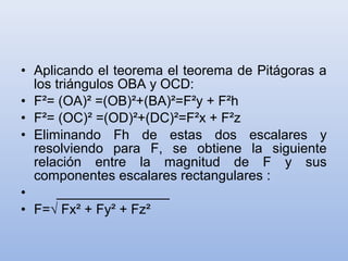 • Aplicando el teorema el teorema de Pitágoras a
  los triángulos OBA y OCD:
• F²= (OA)² =(OB)²+(BA)²=F²y + F²h
• F²= (OC)² =(OD)²+(DC)²=F²x + F²z
• Eliminando Fh de estas dos escalares y
  resolviendo para F, se obtiene la siguiente
  relación entre la magnitud de F y sus
  componentes escalares rectangulares :
•     _______________
• F=√ Fx² + Fy² + Fz²
 