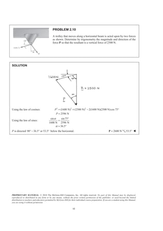PROPRIETARY MATERIAL. © 2010 The McGraw-Hill Companies, Inc. All rights reserved. No part of this Manual may be displayed,
reproduced or distributed in any form or by any means, without the prior written permission of the publisher, or used beyond the limited
distribution to teachers and educators permitted by McGraw-Hill for their individual course preparation. If you are a student using this Manual,
you are using it without permission.
12
PROBLEM 2.10
A trolley that moves along a horizontal beam is acted upon by two forces
as shown. Determine by trigonometry the magnitude and direction of the
force P so that the resultant is a vertical force of 2500 N.
SOLUTION
Using the law of cosines: 2 2 2
(1600 N) (2500 N) 2(1600 N)(2500 N)cos 75°
2596 N
P
P
= + −
=
Using the law of sines:
sin sin75
1600 N 2596 N
36.5
α
α
°
=
= °
P is directed 90 36.5 or 53.5°° − ° below the horizontal. 2600 N=P 53.5° W
 