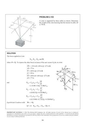 PROPRIETARY MATERIAL. © 2010 The McGraw-Hill Companies, Inc. All rights reserved. No part of this Manual may be displayed,
reproduced or distributed in any form or by any means, without the prior written permission of the publisher, or used beyond the limited
distribution to teachers and educators permitted by McGraw-Hill for their individual course preparation. If you are a student using this Manual,
you are using it without permission.
106
PROBLEM 2.103
A crate is supported by three cables as shown. Determine
the weight of the crate knowing that the tension in cable AB
is 750 lb.
SOLUTION
The forces applied at A are:
, , andAB AC ADT T T W
where .P=P j To express the other forces in terms of the unit vectors i, j, k, we write
(36 in.) (60 in.) (27 in.)
75 in.
(60 in.) (32 in.)
68 in.
(40 in.) (60 in.) (27 in.)
77 in.
AB
AB
AC
AC
AD
AD
= − + −
=
= +
=
= + −
=
i j k
j k
i j k
JJJG
JJJG
JJJG
and
( 0.48 0.8 0.36 )
(0.88235 0.47059 )
(0.51948 0.77922 0.35065 )
AB AB AB AB
AB
AC AC AC AC
AC
AD AD AD AD
AD
AB
T T
AB
T
AC
T T
AC
T
AD
T T
AD
T
= =
= − + −
= =
= +
= =
= + −
T Ȝ
i j k
T Ȝ
j k
T Ȝ
i j k
JJJG
JJJG
JJJG
Equilibrium Condition with W= −W j
0: 0AB AC ADF WΣ = + + − =T T T j
 