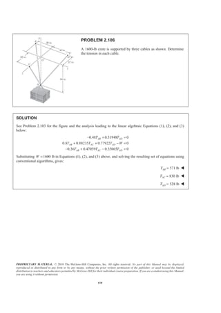 PROPRIETARY MATERIAL. © 2010 The McGraw-Hill Companies, Inc. All rights reserved. No part of this Manual may be displayed,
reproduced or distributed in any form or by any means, without the prior written permission of the publisher, or used beyond the limited
distribution to teachers and educators permitted by McGraw-Hill for their individual course preparation. If you are a student using this Manual,
you are using it without permission.
110
PROBLEM 2.106
A 1600-lb crate is supported by three cables as shown. Determine
the tension in each cable.
SOLUTION
See Problem 2.103 for the figure and the analysis leading to the linear algebraic Equations (1), (2), and (3)
below:
0.48 0.51948 0
0.8 0.88235 0.77922 0
0.36 0.47059 0.35065 0
AB AD
AB AC AD
AB AC AD
T T
T T T W
T T T
− + =
+ + − =
− + − =
Substituting 1600 lbW = in Equations (1), (2), and (3) above, and solving the resulting set of equations using
conventional algorithms, gives:
571 lbABT = W
830 lbACT = W
528 lbADT = W
 