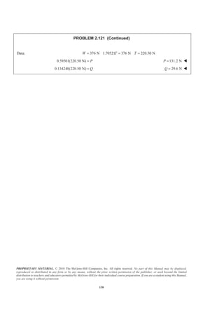 PROPRIETARY MATERIAL. © 2010 The McGraw-Hill Companies, Inc. All rights reserved. No part of this Manual may be displayed,
reproduced or distributed in any form or by any means, without the prior written permission of the publisher, or used beyond the limited
distribution to teachers and educators permitted by McGraw-Hill for their individual course preparation. If you are a student using this Manual,
you are using it without permission.
130
PROBLEM 2.121 (Continued)
Data: 376 N 1.70521 376 N 220.50 NW T T= = =
0.59501(220.50 N) P= 131.2 NP = W
0.134240(220.50 N) Q= 29.6 NQ = W
 