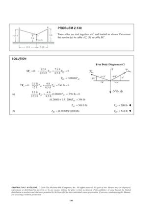 PROPRIETARY MATERIAL. © 2010 The McGraw-Hill Companies, Inc. All rights reserved. No part of this Manual may be displayed,
reproduced or distributed in any form or by any means, without the prior written permission of the publisher, or used beyond the limited
distribution to teachers and educators permitted by McGraw-Hill for their individual course preparation. If you are a student using this Manual,
you are using it without permission.
140
PROBLEM 2.130
Two cables are tied together at C and loaded as shown. Determine
the tension (a) in cable AC, (b) in cable BC.
SOLUTION
Free Body Diagram at C:
12 ft 7.5 ft
0: 0
12.5 ft 8.5 ft
x AC BCT TΣ = − + =F
1.08800BC ACT T=
3.5 ft 4 ft
0: 396 lb 0
12 ft 8.5 ft
y AC BCT TΣ = + − =F
(a)
3.5 ft 4 ft
(1.08800 ) 396 lb 0
12.5 ft 8.5 ft
(0.28000 0.51200) 396 lb
AC AC
AC
T T
T
+ − =
+ =
500.0 lbACT = 500 lbACT = W
(b) (1.08800)(500.0 lb)BCT = 544 lbBCT = W
 