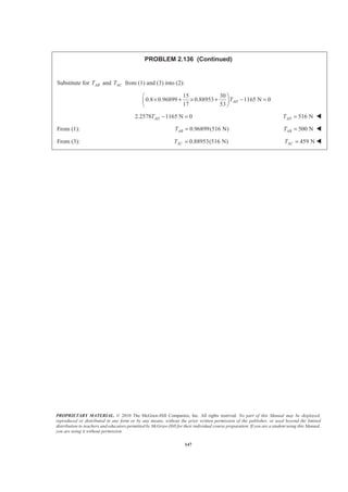 PROPRIETARY MATERIAL. © 2010 The McGraw-Hill Companies, Inc. All rights reserved. No part of this Manual may be displayed,
reproduced or distributed in any form or by any means, without the prior written permission of the publisher, or used beyond the limited
distribution to teachers and educators permitted by McGraw-Hill for their individual course preparation. If you are a student using this Manual,
you are using it without permission.
147
PROBLEM 2.136 (Continued)
Substitute for ABT and ACT from (1) and (3) into (2):
15 30
0.8 0.96899 0.88953 1165 N 0
17 53
ADT
§ ·
× + × + − =¨ ¸
© ¹
2.2578 1165 N 0ADT − = 516 NADT = W
From (1): 0.96899(516 N)ABT = 500 NABT = W
From (3): 0.88953(516 N)ACT = 459 NACT = W
 