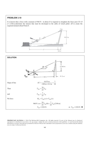 PROPRIETARY MATERIAL. © 2010 The McGraw-Hill Companies, Inc. All rights reserved. No part of this Manual may be displayed,
reproduced or distributed in any form or by any means, without the prior written permission of the publisher, or used beyond the limited
distribution to teachers and educators permitted by McGraw-Hill for their individual course preparation. If you are a student using this Manual,
you are using it without permission.
162
PROBLEM 3.10
It is known that a force with a moment of 960 N ⋅ m about D is required to straighten the fence post CD. If
d 2.80 m,= determine the tension that must be developed in the cable of winch puller AB to create the
required moment about Point D.
SOLUTION
Slope of line
0.875 m 7
2.80 m 0.2 m 24
EC = =
+
Then
24
25
ABx ABT T=
and
7
25
ABy ABT T=
We have ( ) ( )D ABx AByM T y T x= +
24 7
960 N m (0) (2.80 m)
25 25
1224 N
AB AB
AB
T T
T
⋅ = +
= or 1224 NABT = W
 
