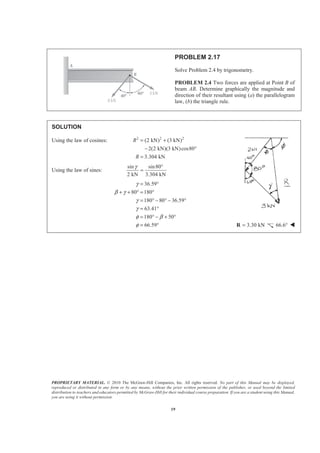 PROPRIETARY MATERIAL. © 2010 The McGraw-Hill Companies, Inc. All rights reserved. No part of this Manual may be displayed,
reproduced or distributed in any form or by any means, without the prior written permission of the publisher, or used beyond the limited
distribution to teachers and educators permitted by McGraw-Hill for their individual course preparation. If you are a student using this Manual,
you are using it without permission.
19
PROBLEM 2.17
Solve Problem 2.4 by trigonometry.
PROBLEM 2.4 Two forces are applied at Point B of
beam AB. Determine graphically the magnitude and
direction of their resultant using (a) the parallelogram
law, (b) the triangle rule.
SOLUTION
Using the law of cosines: 2 2 2
(2 kN) (3 kN)
2(2 kN)(3 kN)cos80
3.304 kN
R
R
= +
− °
=
Using the law of sines:
sin sin80
2 kN 3.304 kN
γ °
=
36.59
80 180
180 80 36.59
63.41
180 50
66.59
γ
β γ
γ
γ
φ β
φ
= °
+ + ° = °
= ° − ° − °
= °
= ° − + °
= ° 3.30 kN=R 66.6° W
 