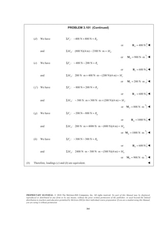PROPRIETARY MATERIAL. © 2010 The McGraw-Hill Companies, Inc. All rights reserved. No part of this Manual may be displayed,
reproduced or distributed in any form or by any means, without the prior written permission of the publisher, or used beyond the limited
distribution to teachers and educators permitted by McGraw-Hill for their individual course preparation. If you are a student using this Manual,
you are using it without permission.
261
PROBLEM 3.101 (Continued)
(d) We have : 400 N 800 Ny dF RΣ − + =
or 400 Nd =R W
and : (800 N)(4 m) 2300 N mA dM MΣ − ⋅ =
or 900 N md = ⋅M W
(e) We have : 400 N 200 Ny eF RΣ − − =
or 600 Ne =R W
and : 200 N m 400 N m (200 N)(4 m)A eM MΣ ⋅ + ⋅ − =
or 200 N me = ⋅M W
( f ) We have : 800 N 200 Ny fF RΣ − + =
or 600 Nf =R W
and : 300 N m 300 N m (200 N)(4 m)A fM MΣ − ⋅ + ⋅ + =
or 800 N mf = ⋅M W
(g) We have : 200 N 800 Ny gF RΣ − − =
or 1000 Ng =R W
and : 200 N m 4000 N m (800 N)(4 m)A gM MΣ ⋅ + ⋅ − =
or 1000 N mg = ⋅M W
(h) We have : 300 N 300 Ny hF RΣ − − =
or 600 Nh =R W
and : 2400 N m 300 N m (300 N)(4 m)A hM MΣ ⋅ − ⋅ − =
or 900 N mh = ⋅M W
(b) Therefore, loadings (c) and (h) are equivalent. W
 