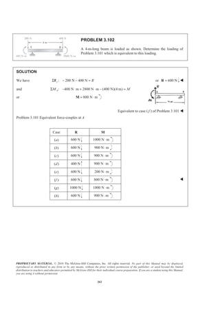 PROPRIETARY MATERIAL. © 2010 The McGraw-Hill Companies, Inc. All rights reserved. No part of this Manual may be displayed,
reproduced or distributed in any form or by any means, without the prior written permission of the publisher, or used beyond the limited
distribution to teachers and educators permitted by McGraw-Hill for their individual course preparation. If you are a student using this Manual,
you are using it without permission.
262
PROBLEM 3.102
A 4-m-long beam is loaded as shown. Determine the loading of
Problem 3.101 which is equivalent to this loading.
SOLUTION
We have : 200 N 400 Ny RΣ − − =F or 600 N=R W
and : 400 N m 2800 N m (400 N)(4 m)AM MΣ − ⋅ + ⋅ − =
or 800 N m= ⋅M
Equivalent to case ( f ) of Problem 3.101 W
Problem 3.101 Equivalent force-couples at A
Case R M
(a) 600 N 1000 N m⋅
(b) 600 N 900 N m⋅
(c) 600 N 900 N m⋅
(d) 400 N 900 N m⋅
(e) 600 N 200 N m⋅
(f ) 600 N 800 N m⋅ W
(g) 1000 N 1000 N m⋅
(h) 600 N 900 N m⋅
 