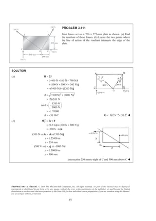 PROPRIETARY MATERIAL. © 2010 The McGraw-Hill Companies, Inc. All rights reserved. No part of this Manual may be displayed,
reproduced or distributed in any form or by any means, without the prior written permission of the publisher, or used beyond the limited
distribution to teachers and educators permitted by McGraw-Hill for their individual course preparation. If you are a student using this Manual,
you are using it without permission.
272
PROBLEM 3.111
Four forces act on a 700 × 375-mm plate as shown. (a) Find
the resultant of these forces. (b) Locate the two points where
the line of action of the resultant intersects the edge of the
plate.
SOLUTION
(a)
( 400 N 160 N 760 N)
(600 N 300 N 300 N)
(1000 N) (1200 N)
= Σ
= − + −
+ + +
= − +
R F
i
j
i j
2 2
(1000 N) (1200 N)
1562.09 N
1200 N
tan
1000 N
1.20000
50.194
R
θ
θ
= +
=
§ ·
= −¨ ¸
© ¹
= −
= − ° 1562 N=R 50.2° W
(b)
(0.5 m) (300 N 300 N)
(300 N m)
R
C = Σ ×
= × +
= ⋅
M r F
i j
k
(300 N m) (1200 N)
0.25000 m
250 mm
(300 N m) ( 1000 N)
0.30000 m
300 mm
x
x
x
y
y
y
⋅ = ×
=
=
⋅ = × −
=
=
k i j
j i
Intersection 250 mm to right of C and 300 mm above C W
 