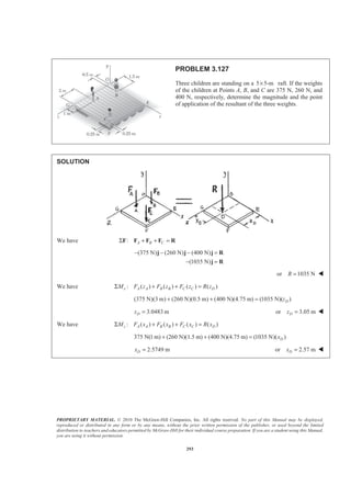 PROPRIETARY MATERIAL. © 2010 The McGraw-Hill Companies, Inc. All rights reserved. No part of this Manual may be displayed,
reproduced or distributed in any form or by any means, without the prior written permission of the publisher, or used beyond the limited
distribution to teachers and educators permitted by McGraw-Hill for their individual course preparation. If you are a student using this Manual,
you are using it without permission.
293
PROBLEM 3.127
Three children are standing on a 5 5-m× raft. If the weights
of the children at Points A, B, and C are 375 N, 260 N, and
400 N, respectively, determine the magnitude and the point
of application of the resultant of the three weights.
SOLUTION
We have : A B CΣ + + =F F F F R
(375 N) (260 N) (400 N)
(1035 N)
− − − =
− =
j j j R
j R
or 1035 NR = W
We have : ( ) ( ) ( ) ( )x A A B B C C DM F z F z F z R zΣ + + =
(375 N)(3 m) (260 N)(0.5 m) (400 N)(4.75 m) (1035 N)( )Dz+ + =
3.0483 mDz = or 3.05 mDz = W
We have : ( ) ( ) ( ) ( )z A A B B C C DM F x F x F x R xΣ + + =
375 N(1 m) (260 N)(1.5 m) (400 N)(4.75 m) (1035 N)( )Dx+ + =
2.5749 mDx = or 2.57 mDx = W
 