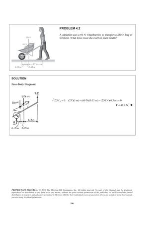 PROPRIETARY MATERIAL. © 2010 The McGraw-Hill Companies, Inc. All rights reserved. No part of this Manual may be displayed,
reproduced or distributed in any form or by any means, without the prior written permission of the publisher, or used beyond the limited
distribution to teachers and educators permitted by McGraw-Hill for their individual course preparation. If you are a student using this Manual,
you are using it without permission.
346
PROBLEM 4.2
A gardener uses a 60-N wheelbarrow to transport a 250-N bag of
fertilizer. What force must she exert on each handle?
SOLUTION
Free-Body Diagram:
0: (2 )(1 m) (60 N)(0.15 m) (250 N)(0.3 m) 0AM FΣ = − − =
42.0 N=F W
 