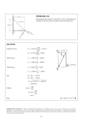 PROPRIETARY MATERIAL. © 2010 The McGraw-Hill Companies, Inc. All rights reserved. No part of this Manual may be displayed,
reproduced or distributed in any form or by any means, without the prior written permission of the publisher, or used beyond the limited
distribution to teachers and educators permitted by McGraw-Hill for their individual course preparation. If you are a student using this Manual,
you are using it without permission.
38
PROBLEM 2.36
Knowing that the tension in cable BC is 725 N, determine the
resultant of the three forces exerted at Point B of beam AB.
SOLUTION
Cable BC Force:
840
(725 N) 525 N
1160
840
(725 N) 500 N
1160
x
y
F
F
= − = −
= =
500-N Force:
3
(500 N) 300 N
5
4
(500 N) 400 N
5
x
y
F
F
= − = −
= − = −
780-N Force:
12
(780 N) 720 N
13
5
(780 N) 300 N
13
x
y
F
F
= =
= − = −
and
2 2
105 N
200 N
( 105 N) ( 200 N)
225.89 N
x x
y y
R F
R F
R
= Σ = −
= Σ = −
= − + −
=
Further:
1
200
tan
105
200
tan
105
62.3
α
α −
=
=
= °
Thus: 226 N=R 62.3° W
 