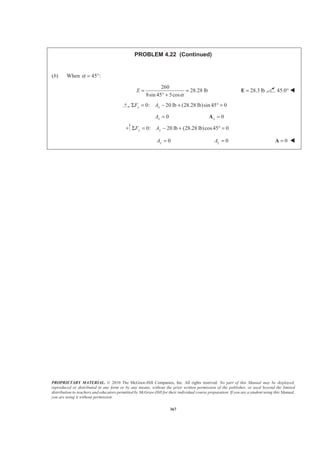 PROPRIETARY MATERIAL. © 2010 The McGraw-Hill Companies, Inc. All rights reserved. No part of this Manual may be displayed,
reproduced or distributed in any form or by any means, without the prior written permission of the publisher, or used beyond the limited
distribution to teachers and educators permitted by McGraw-Hill for their individual course preparation. If you are a student using this Manual,
you are using it without permission.
367
PROBLEM 4.22 (Continued)
(b) When 45 :α = °
260
28.28 lb
8sin 45 5cos
E
α
= =
° +
28.3 lb=E 45.0° W
0: 20 lb (28.28 lb)sin 45 0x xF AΣ = − + ° =
0xA = 0x =A
0: 20 lb (28.28 lb)cos45 0y yF AΣ = − + ° =
0yA = 0yA = 0=A W
 