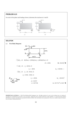PROPRIETARY MATERIAL. © 2010 The McGraw-Hill Companies, Inc. All rights reserved. No part of this Manual may be displayed,
reproduced or distributed in any form or by any means, without the prior written permission of the publisher, or used beyond the limited
distribution to teachers and educators permitted by McGraw-Hill for their individual course preparation. If you are a student using this Manual,
you are using it without permission.
368
PROBLEM 4.23
For each of the plates and loadings shown, determine the reactions at A and B.
SOLUTION
(a) Free-Body Diagram:
0: (20 in.) (50 lb)(4 in.) (40 lb)(10 in.) 0AM BΣ = − − =
30 lbB = + 30.0 lb=B W
0: 40 lb 0x xF AΣ = + =
40 lbxA = − 40.0 lbx =A
0: 50 lb 0y yF A BΣ = + − =
30 lb 50 lb 0yA + − =
20 lbyA = + 20.0 lby =A
26.56
44.72 lbA
α = °
= 44.7 lb=A 26.6° W
 