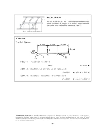 PROPRIETARY MATERIAL. © 2010 The McGraw-Hill Companies, Inc. All rights reserved. No part of this Manual may be displayed,
reproduced or distributed in any form or by any means, without the prior written permission of the publisher, or used beyond the limited
distribution to teachers and educators permitted by McGraw-Hill for their individual course preparation. If you are a student using this Manual,
you are using it without permission.
389
PROBLEM 4.41
Bar AD is attached at A and C to collars that can move freely
on the rods shown. If the cord BE is vertical (α = 0), determine
the tension in the cord and the reactions at A and C.
SOLUTION
Free-Body Diagram:
0: cos30 (80 N)cos30 0yF TΣ = − ° + ° =
80 NT = 80.0 NT = W
0: ( sin30 )(0.4 m) (80 N)(0.2 m) (80 N)(0.2 m) 0CM AΣ = ° − − =
160 NA = + 160.0 N=A 30.0° W
0: (80 N)(0.2 m) (80 N)(0.6 m) ( sin30 )(0.4 m) 0AM CΣ = − + ° =
160 NC = + 160.0 N=C 30.0° W
 