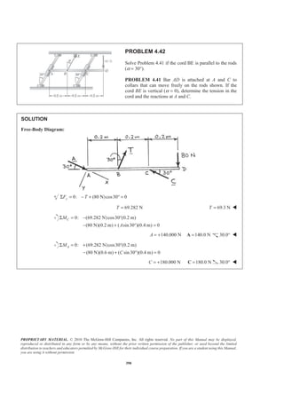 PROPRIETARY MATERIAL. © 2010 The McGraw-Hill Companies, Inc. All rights reserved. No part of this Manual may be displayed,
reproduced or distributed in any form or by any means, without the prior written permission of the publisher, or used beyond the limited
distribution to teachers and educators permitted by McGraw-Hill for their individual course preparation. If you are a student using this Manual,
you are using it without permission.
390
PROBLEM 4.42
Solve Problem 4.41 if the cord BE is parallel to the rods
(α = 30°).
PROBLEM 4.41 Bar AD is attached at A and C to
collars that can move freely on the rods shown. If the
cord BE is vertical (α = 0), determine the tension in the
cord and the reactions at A and C.
SOLUTION
Free-Body Diagram:
0: (80 N)cos30 0yF TΣ = − + ° =
69.282 NT = 69.3 NT = W
0: (69.282 N)cos30 (0.2 m)
(80 N)(0.2 m) ( sin30 )(0.4 m) 0
CM
A
Σ = − °
− + ° =
140.000 NA = + 140.0 N=A 30.0° W
0: (69.282 N)cos30 (0.2 m)
(80 N)(0.6 m) ( sin30 )(0.4 m) 0
AM
C
Σ = + °
− + ° =
180.000 NC = + 180.0 N=C 30.0° W
 