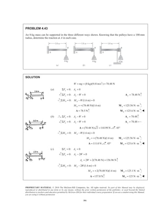 PROPRIETARY MATERIAL. © 2010 The McGraw-Hill Companies, Inc. All rights reserved. No part of this Manual may be displayed,
reproduced or distributed in any form or by any means, without the prior written permission of the publisher, or used beyond the limited
distribution to teachers and educators permitted by McGraw-Hill for their individual course preparation. If you are a student using this Manual,
you are using it without permission.
391
PROBLEM 4.43
An 8-kg mass can be supported in the three different ways shown. Knowing that the pulleys have a 100-mm
radius, determine the reaction at A in each case.
SOLUTION
2
(8 kg)(9.81m/s ) 78.48 NW mg= = =
(a) 0: 0x xF AΣ = =
0: 0y yF A WΣ = − = 78.48 Ny =A
0: (1.6 m) 0A AM M WΣ = − =
(78.48 N)(1.6 m)AM = + 125.56 N mA = ⋅M
78.5 N=A 125.6 N mA = ⋅M W
(b) 0: 0x xF A WΣ = − = 78.48x =A
0: 0y yF A WΣ = − = 78.48y =A
(78.48 N) 2 110.99 N= =A 45°
0: (1.6 m) 0A AM M WΣ = − =
(78.48 N)(1.6 m) 125.56 N mA AM = + = ⋅M
111.0 N=A 45° 125.6 N mA = ⋅M W
(c) 0: 0x xF AΣ = =
0: 2 0y yF A WΣ = − =
2 2(78.48 N) 156.96 NyA W= = =
0: 2 (1.6 m) 0A AM M WΣ = − =
2(78.48 N)(1.6 m)AM = + 125.1 N mA = ⋅M
157.0 N=A 125 N mA = ⋅M W
 