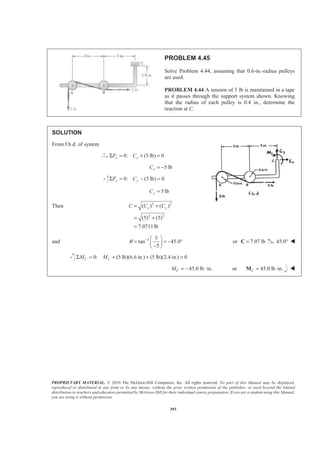 PROPRIETARY MATERIAL. © 2010 The McGraw-Hill Companies, Inc. All rights reserved. No part of this Manual may be displayed,
reproduced or distributed in any form or by any means, without the prior written permission of the publisher, or used beyond the limited
distribution to teachers and educators permitted by McGraw-Hill for their individual course preparation. If you are a student using this Manual,
you are using it without permission.
393
PROBLEM 4.45
Solve Problem 4.44, assuming that 0.6-in.-radius pulleys
are used.
PROBLEM 4.44 A tension of 5 lb is maintained in a tape
as it passes through the support system shown. Knowing
that the radius of each pulley is 0.4 in., determine the
reaction at C.
SOLUTION
From f.b.d. of system
0: (5 lb) 0x xF CΣ = + =
5 lbxC = −
0: (5 lb) 0y yF CΣ = − =
5 lbyC =
Then 2 2
2 2
( ) ( )
(5) (5)
7.0711lb
x yC C C= +
= +
=
and 1 5
tan 45.0
5
θ − § ·
= = − °¨ ¸−© ¹
or 7.07 lb=C 45.0° W
0: (5 lb)(6.6 in.) (5 lb)(2.4 in.) 0C CM MΣ = + + =
45.0 lb in.CM = − ⋅ or 45.0 lb in.C = ⋅M W
 