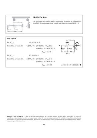 PROPRIETARY MATERIAL. © 2010 The McGraw-Hill Companies, Inc. All rights reserved. No part of this Manual may be displayed,
reproduced or distributed in any form or by any means, without the prior written permission of the publisher, or used beyond the limited
distribution to teachers and educators permitted by McGraw-Hill for their individual course preparation. If you are a student using this Manual,
you are using it without permission.
396
PROBLEM 4.48
For the beam and loading shown, determine the range of values of W
for which the magnitude of the couple at D does not exceed 40 lb ⋅ ft.
SOLUTION
For min ,W 40 lb ftDM = − ⋅
From f.b.d. of beam AD min0: (40 lb)(8 ft) (5 ft)
(40 lb)(4 ft) 40 lb ft 0
DM WΣ = −
+ − ⋅ =
min 88.0 lbW =
For max,W 40 lb ftDM = ⋅
From f.b.d. of beam AD max0: (40 lb)(8 ft) (5 ft)
(40 lb)(4 ft) 40 lb ft 0
DM WΣ = −
+ + ⋅ =
max 104.0 lbW = or 88.0 lb 104.0 lbWՅ Յ W
 