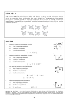 PROPRIETARY MATERIAL. © 2010 The McGraw-Hill Companies, Inc. All rights reserved. No part of this Manual may be displayed,
reproduced or distributed in any form or by any means, without the prior written permission of the publisher, or used beyond the limited
distribution to teachers and educators permitted by McGraw-Hill for their individual course preparation. If you are a student using this Manual,
you are using it without permission.
408
PROBLEM 4.59
Eight identical 500 750-mm× rectangular plates, each of mass 40 kg,m = are held in a vertical plane as
shown. All connections consist of frictionless pins, rollers, or short links. In each case, determine whether
(a) the plate is completely, partially, or improperly constrained, (b) the reactions are statically determinate or
indeterminate, (c) the equilibrium of the plate is maintained in the position shown. Also, wherever possible,
compute the reactions.
SOLUTION
1. Three non-concurrent, non-parallel reactions
(a) Plate: completely constrained
(b) Reactions: determinate
(c) Equilibrium maintained
196.2 N= =A C
2. Three non-concurrent, non-parallel reactions
(a) Plate: completely constrained
(b) Reactions: determinate
(c) Equilibrium maintained
0, 196.2 N= = =B C D
3. Four non-concurrent, non-parallel reactions
(a) Plate: completely constrained
(b) Reactions: indeterminate
(c) Equilibrium maintained
294 Nx =A , 294 Nx =D
( 392 Ny y+ =A D )
4. Three concurrent reactions (through D)
(a) Plate: improperly constrained
(b) Reactions: indeterminate
(c) No equilibrium ( 0)DMΣ ≠
 