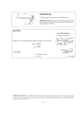 PROPRIETARY MATERIAL. © 2010 The McGraw-Hill Companies, Inc. All rights reserved. No part of this Manual may be displayed,
reproduced or distributed in any form or by any means, without the prior written permission of the publisher, or used beyond the limited
distribution to teachers and educators permitted by McGraw-Hill for their individual course preparation. If you are a student using this Manual,
you are using it without permission.
415
PROBLEM 4.64
Using the method of Section 4.7, solve Problem 4.18.
PROBLEM 4.18 Determine the maximum tension that can
be developed in cable AB if the maximum allowable value of
the reaction at C is 250 lb.
SOLUTION
Reaction at C must pass through E, where D and the force T intersect.
6.062 in.
tan
15 in.
22.005
β
β
=
= °
Force triangle
(250 lb)cos22.005
231.8 lb
T
T
= °
= 232 lbT = W
Free-Body Diagram:
(Three -Force body)
 