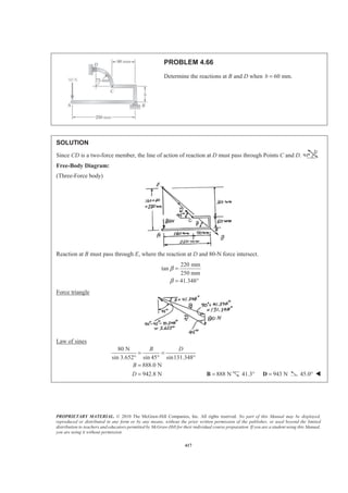 PROPRIETARY MATERIAL. © 2010 The McGraw-Hill Companies, Inc. All rights reserved. No part of this Manual may be displayed,
reproduced or distributed in any form or by any means, without the prior written permission of the publisher, or used beyond the limited
distribution to teachers and educators permitted by McGraw-Hill for their individual course preparation. If you are a student using this Manual,
you are using it without permission.
417
PROBLEM 4.66
Determine the reactions at B and D when 60 mm.b =
SOLUTION
Since CD is a two-force member, the line of action of reaction at D must pass through Points C and D.
Free-Body Diagram:
(Three-Force body)
Reaction at B must pass through E, where the reaction at D and 80-N force intersect.
220 mm
tan
250 mm
41.348
β
β
=
= °
Force triangle
Law of sines
80 N
sin 3.652° sin 45 sin131.348
888.0 N
942.8 N
B D
B
D
= =
° °
=
= 888 N=B 41.3° 943 N=D 45.0° W
 