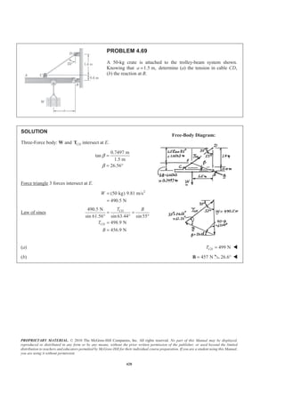 PROPRIETARY MATERIAL. © 2010 The McGraw-Hill Companies, Inc. All rights reserved. No part of this Manual may be displayed,
reproduced or distributed in any form or by any means, without the prior written permission of the publisher, or used beyond the limited
distribution to teachers and educators permitted by McGraw-Hill for their individual course preparation. If you are a student using this Manual,
you are using it without permission.
420
PROBLEM 4.69
A 50-kg crate is attached to the trolley-beam system shown.
Knowing that 1.5 m,a = determine (a) the tension in cable CD,
(b) the reaction at B.
SOLUTION
Three-Force body: W and CDT intersect at E.
0.7497 m
tan
1.5 m
26.56
β
β
=
= °
Force triangle 3 forces intersect at E.
2
(50 kg) 9.81 m/s
490.5 N
W =
=
Law of sines
490.5 N
sin 61.56° sin 63.44 sin55
498.9 N
456.9 N
CD
CD
T B
T
B
= =
° °
=
=
(a) 499 NCDT = W
(b) 457 N=B 26.6° W
Free-Body Diagram:
 