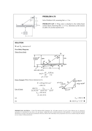 PROPRIETARY MATERIAL. © 2010 The McGraw-Hill Companies, Inc. All rights reserved. No part of this Manual may be displayed,
reproduced or distributed in any form or by any means, without the prior written permission of the publisher, or used beyond the limited
distribution to teachers and educators permitted by McGraw-Hill for their individual course preparation. If you are a student using this Manual,
you are using it without permission.
421
PROBLEM 4.70
Solve Problem 4.69, assuming that 3 m.a =
PROBLEM 4.69 A 50-kg crate is attached to the trolley-beam
system shown. Knowing that 1.5 m,a = determine (a) the tension
in cable CD, (b) the reaction at B.
SOLUTION
W and CDT intersect at E
Free-Body Diagram:
Three-Force body:
0.301 m
tan
3 m
5.722
AE
AB
β
β
= =
= °
Force Triangle (Three forces intersect at E.)
2
(50 kg) 9.81 m/s
490.5 N
W =
=
Law of sines
490.5 N
sin 29.278° sin95.722 sin55
997.99 N
821.59 N
CD
CD
T B
T
B
= =
° °
=
=
(a) 998 NCDT = W
(b) 822 N=B 5.72° W
 