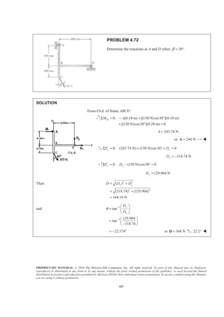 PROPRIETARY MATERIAL. © 2010 The McGraw-Hill Companies, Inc. All rights reserved. No part of this Manual may be displayed,
reproduced or distributed in any form or by any means, without the prior written permission of the publisher, or used beyond the limited
distribution to teachers and educators permitted by McGraw-Hill for their individual course preparation. If you are a student using this Manual,
you are using it without permission.
423
PROBLEM 4.72
Determine the reactions at A and D when 30 .β = °
SOLUTION
From f.b.d. of frame ABCD
0: (0.18 m) [(150 N)sin30 ](0.10 m)
[(150 N)cos30 ](0.28 m) 0
DM AΣ = − + °
+ ° =
243.74 NA =
or 244 N=A W
0: (243.74 N) (150 N)sin30 0x xF DΣ = + ° + =
318.74 NxD = −
0: (150 N)cos30 0y yF DΣ = − ° =
129.904 NyD =
Then 2 2
2 2
( )
(318.74) (129.904)
344.19 N
x xD D D= +
= +
=
and 1
1
tan
129.904
tan
318.74
y
x
D
D
θ −
−
§ ·
= ¨ ¸
© ¹
§ ·
= ¨ ¸−© ¹
22.174= − ° or 344 N=D 22.2° W
 