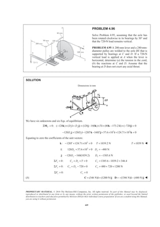 PROPRIETARY MATERIAL. © 2010 The McGraw-Hill Companies, Inc. All rights reserved. No part of this Manual may be displayed,
reproduced or distributed in any form or by any means, without the prior written permission of the publisher, or used beyond the limited
distribution to teachers and educators permitted by McGraw-Hill for their individual course preparation. If you are a student using this Manual,
you are using it without permission.
449
PROBLEM 4.96
Solve Problem 4.95, assuming that the axle has
been rotated clockwise in its bearings by 30° and
that the 720-N load remains vertical.
PROBLEM 4.95 A 200-mm lever and a 240-mm-
diameter pulley are welded to the axle BE that is
supported by bearings at C and D. If a 720-N
vertical load is applied at A when the lever is
horizontal, determine (a) the tension in the cord,
(b) the reactions at C and D. Assume that the
bearing at D does not exert any axial thrust.
SOLUTION
Dimensions in mm
We have six unknowns and six Eqs. of equilibrium.
0: ( 120 ) ( ) (120 160 ) (80 173.21 ) ( 720 ) 0C x yD D TΣ = − × + + − × + − × − =M k i j j k i k i j
3 3
120 120 120 160 57.6 10 124.71 10 0x yD D T T− + − − + × + × =j i k j i k
Equating to zero the coefficients of the unit vectors:
3
: 120 124.71 10 0 1039.2 NT T− + × = =k 1039 NT = W
3
: 120 57.6 10 0 480 Ny yD D+ × = = −i
: 120 160(1039.2)xD− −j 1385.6 NxD = −
0:xFΣ = 0x xC D T+ + = 1385.6 1039.2 346.4xC = − =
0:yFΣ = 720 0y yC D+ − = 480 720 1200 NyC = + =
0:zFΣ = 0zC =
(b) (346 N) (1200 N) (1386 N) (480 N)= + = − −C i j D i j W
 