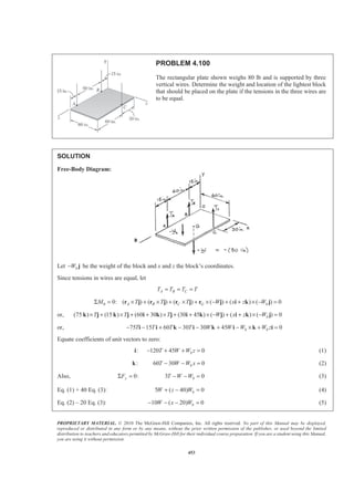 PROPRIETARY MATERIAL. © 2010 The McGraw-Hill Companies, Inc. All rights reserved. No part of this Manual may be displayed,
reproduced or distributed in any form or by any means, without the prior written permission of the publisher, or used beyond the limited
distribution to teachers and educators permitted by McGraw-Hill for their individual course preparation. If you are a student using this Manual,
you are using it without permission.
453
PROBLEM 4.100
The rectangular plate shown weighs 80 lb and is supported by three
vertical wires. Determine the weight and location of the lightest block
that should be placed on the plate if the tensions in the three wires are
to be equal.
SOLUTION
Free-Body Diagram:
Let bW− j be the weight of the block and x and z the block’s coordinates.
Since tensions in wires are equal, let
A B CT T T T= = =
0 0: ( ) ( ) ( ) ( ) ( ) ( ) 0A B C G bM T T T W x z WΣ = × + × + × + × − + + × − =r j r j r j r j i k j
or, (75 ) (15 ) (60 30 ) (30 45 ) ( ) ( ) ( ) 0bT T T W x z W× + × + + × + + × − + + × − =k j k j i k j i k j i k j
or, 75 15 60 30 30 45 0b bT T T T W W W W z− − + − − + − × + =i i k i k i k i
Equate coefficients of unit vectors to zero:
: 120 45 0bT W W z− + + =i (1)
:k 60 30 0bT W W x− − = (2)
Also, 0:yFΣ = 3 0bT W W− − = (3)
Eq. (1) + 40 Eq. (3): 5 ( 40) 0bW z W+ − = (4)
Eq. (2) – 20 Eq. (3): 10 ( 20) 0bW x W− − − = (5)
 