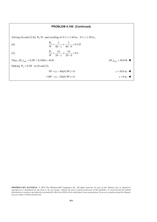 PROPRIETARY MATERIAL. © 2010 The McGraw-Hill Companies, Inc. All rights reserved. No part of this Manual may be displayed,
reproduced or distributed in any form or by any means, without the prior written permission of the publisher, or used beyond the limited
distribution to teachers and educators permitted by McGraw-Hill for their individual course preparation. If you are a student using this Manual,
you are using it without permission.
454
PROBLEM 4.100 (Continued)
Solving (4) and (5) for /bW W and recalling of 0 60 in.,xՅ Յ 0 90 in.,zՅ Յ
(4):
5 5
0.125
40 40 0
bW
W z
= =
− −
Ն
(5):
10 10
0.5
20 20 0
bW
W x
= =
− −
Ն
Thus, min( ) 0.5 0.5(80) 40 lbbW W= = = min( ) 40.0 lbbW = W
Making 0.5bW W= in (4) and (5):
5 ( 40)(0.5 ) 0W z W+ − = 30.0 in.z = W
10 ( 20)(0.5 ) 0W x W− − − = 0 in.x = W
 