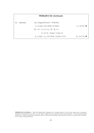 PROPRIETARY MATERIAL. © 2010 The McGraw-Hill Companies, Inc. All rights reserved. No part of this Manual may be displayed,
reproduced or distributed in any form or by any means, without the prior written permission of the publisher, or used beyond the limited
distribution to teachers and educators permitted by McGraw-Hill for their individual course preparation. If you are a student using this Manual,
you are using it without permission.
457
PROBLEM 4.102 (Continued)
(b) Reactions: 2
(8 kg/m) 9.81 m/s 78.48 N/mm g′ = =
0.3 0.3 78.48 23.544 NAT m g′= = × = 23.5 NAT = W
1 20: 0y A C DF T T T W WΣ = + + − − =
0 0.6 1.2 0A DT T m g m g′ ′+ + − − =
1.8 1.8 78.48 23.544 117.72D AT m g T′= − = × − = 117.7 NDT = W
 