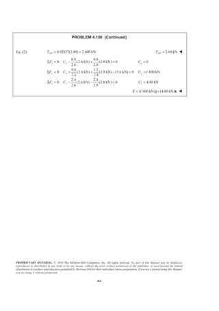 PROPRIETARY MATERIAL. © 2010 The McGraw-Hill Companies, Inc. All rights reserved. No part of this Manual may be displayed,
reproduced or distributed in any form or by any means, without the prior written permission of the publisher, or used beyond the limited
distribution to teachers and educators permitted by McGraw-Hill for their individual course preparation. If you are a student using this Manual,
you are using it without permission.
464
PROBLEM 4.106 (Continued)
Eq. (2): 0.92857(2.80) 2.600 kNADT = = 2.60 kNADT = W
0.8 0.8
0: (2.6 kN) (2.8 kN) 0 0
2.6 2.8
0.6 1.2
0: (2.6 kN) (2.8 kN) (3.6 kN) 0 1.800 kN
2.6 2.8
2.4 2.4
0: (2.6 kN) (2.8 kN) 0 4.80 kN
2.6 2.8
x x x
y y y
z z z
F C C
F C C
F C C
Σ = − + = =
Σ = + + − = =
Σ = − − = =
(1.800 kN) (4.80 kN)= +C j k W
 