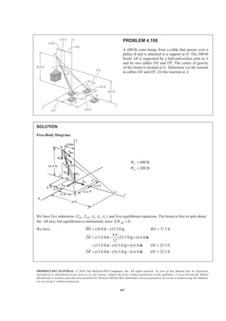 PROPRIETARY MATERIAL. © 2010 The McGraw-Hill Companies, Inc. All rights reserved. No part of this Manual may be displayed,
reproduced or distributed in any form or by any means, without the prior written permission of the publisher, or used beyond the limited
distribution to teachers and educators permitted by McGraw-Hill for their individual course preparation. If you are a student using this Manual,
you are using it without permission.
467
PROBLEM 4.108
A 600-lb crate hangs from a cable that passes over a
pulley B and is attached to a support at H. The 200-lb
boom AB is supported by a ball-and-socket joint at A
and by two cables DE and DF. The center of gravity
of the boom is located at G. Determine (a) the tension
in cables DE and DF, (b) the reaction at A.
SOLUTION
Free-Body Diagram:
600 lb
200 lb
C
G
W
W
=
=
We have five unknowns ( , , , , )DE DF x y zT T A A A and five equilibrium equations. The boom is free to spin about
the AB axis, but equilibrium is maintained, since 0.ABMΣ =
We have (30 ft) (22.5 ft) 37.5 ft
8.8
(13.8 ft) (22.5 ft) (6.6 ft)
12
(13.8 ft) (16.5 ft) (6.6 ft) 22.5 ft
(13.8 ft) (16.5 ft) (6.6 ft) 22.5 ft
BH BH
DE
DE
DF DF
= − =
= − +
= − + =
= − − =
i j
i j k
i j k
i j k
JJJJK
JJJK
JJJK
 
