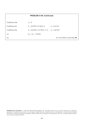PROPRIETARY MATERIAL. © 2010 The McGraw-Hill Companies, Inc. All rights reserved. No part of this Manual may be displayed,
reproduced or distributed in any form or by any means, without the prior written permission of the publisher, or used beyond the limited
distribution to teachers and educators permitted by McGraw-Hill for their individual course preparation. If you are a student using this Manual,
you are using it without permission.
470
PROBLEM 4.109 (Continued)
Coefficient of k: 0zA =
Coefficient of i: 2[3.958 3/3.562] 0 6.67 kNx xA A− × = =
Coefficient of j: 2[3.958 1.5/3.562] 5 0 1.667 kNy yA A+ × − = =
(a) 3.96 kNCD CET T= =
(b) (6.67 kN) (1.667 kN)= +A i j W
 