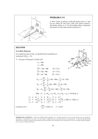 PROPRIETARY MATERIAL. © 2010 The McGraw-Hill Companies, Inc. All rights reserved. No part of this Manual may be displayed,
reproduced or distributed in any form or by any means, without the prior written permission of the publisher, or used beyond the limited
distribution to teachers and educators permitted by McGraw-Hill for their individual course preparation. If you are a student using this Manual,
you are using it without permission.
473
PROBLEM 4.111
A 48-in. boom is held by a ball-and-socket joint at C and
by two cables BF and DAE; cable DAE passes around a
frictionless pulley at A. For the loading shown, determine
the tension in each cable and the reaction at C.
SOLUTION
Free-Body Diagram:
Five unknowns and six Eqs. of equilibrium but equilibrium is
maintained ( 0).ACMΣ =
T = Tension in both parts of cable DAE.
30
48
B
A
=
=
r k
r k
20 48 52 in.
20 48 52 in.
16 30 34 in.
AD AD
AE AE
BF BF
= − − =
= − =
= − =
i k
j k
i k
JJJG
JJJG
JJJG
( 20 48 ) ( 5 12 )
52 13
(20 48 ) (5 12 )
52 13
(16 30 ) (8 15 )
34 17
AD
AE
BF BF
BF BF
AD T T
T
AD
AE T T
T
AE
T TBF
T
BF
= = − − = − −
= = − = −
= = − = −
T i k i k
T j k j k
T i k i k
JJJG
JJJG
JJJG
0: ( 320 lb) 0C A AD A AE B BF BΣ = × + × + × + × − =M r T r T r T r j
0 0 48 0 0 48 0 0 30 (30 ) ( 320 ) 0
13 13 17
5 0 12 0 5 12 8 0 15
BFTT T
+ + + × − =
− − − −
i j k i j k i j k
k j
Coefficient of i:
240
9600 0 520 lb
13
T T− + = =
 