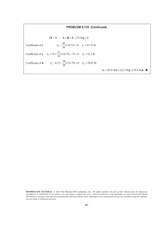 PROPRIETARY MATERIAL. © 2010 The McGraw-Hill Companies, Inc. All rights reserved. No part of this Manual may be displayed,
reproduced or distributed in any form or by any means, without the prior written permission of the publisher, or used beyond the limited
distribution to teachers and educators permitted by McGraw-Hill for their individual course preparation. If you are a student using this Manual,
you are using it without permission.
487
PROBLEM 4.118 (Continued)
0:Σ =F (75 lb) 0+ + − =A B T j
Coefficient of i:
30
(118.75) 0 93.75 lb
38
x xA A− = =
Coefficient of j:
12
15 (118.75) 75 0 22.5 lb
38
y yA A+ + − = =
Coefficient of k:
20
8.33 (118.75) 0 70.83 lb
38
z zA A− − = =
(93.8 lb) (22.5 lb) (70.8 lb)= + +A i j k W
 