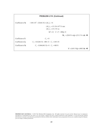 PROPRIETARY MATERIAL. © 2010 The McGraw-Hill Companies, Inc. All rights reserved. No part of this Manual may be displayed,
reproduced or distributed in any form or by any means, without the prior written permission of the publisher, or used beyond the limited
distribution to teachers and educators permitted by McGraw-Hill for their individual course preparation. If you are a student using this Manual,
you are using it without permission.
489
PROBLEM 4.119 (Continued)
Coefficient of k: 3
140 10 25(461.9) ( ) 0C zM− × − + =
3
( ) 151.54 10 N mm
( ) 151.5 N m
= × ⋅
= ⋅
C z
C z
M
M
0: 400 0F C TΣ = + − =j
(20.0 N m) (151.5 N m)C = ⋅ + ⋅M j k W
Coefficient of i: 0=xC
Coefficient of j: 0.5(461.9) 400 0 169.1 Ny yC C+ − = =
Coefficient of k: 0.866(461.9) 0 400 Nz zC C− = =
(169.1 N) (400 N)= +C j k W
 