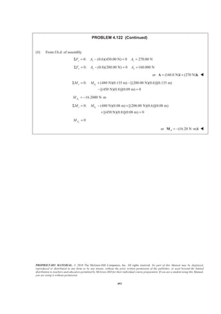 PROPRIETARY MATERIAL. © 2010 The McGraw-Hill Companies, Inc. All rights reserved. No part of this Manual may be displayed,
reproduced or distributed in any form or by any means, without the prior written permission of the publisher, or used beyond the limited
distribution to teachers and educators permitted by McGraw-Hill for their individual course preparation. If you are a student using this Manual,
you are using it without permission.
493
PROBLEM 4.122 (Continued)
(b) From f.b.d. of assembly
0: (0.6)(450.00 N) 0 270.00 NΣ = − = =z z zF A A
0: (0.8)(200.00 N) 0 160.000 NΣ = − = =x x xF A A
or (160.0 N) (270 N)= +A i k W
0: (480 N)(0.135 m) [(200.00 N)(0.6)](0.135 m)
[(450 N)(0.8)](0.09 m) 0
Σ = + −
− =
xx AM M
16.2000 N mxAM = − ⋅
0: (480 N)(0.08 m) [(200.00 N)(0.6)](0.08 m)
[(450 N)(0.8)](0.08 m) 0
Σ = − +
+ =
zz AM M
0zAM =
or (16.20 N m)A = − ⋅M i W
 