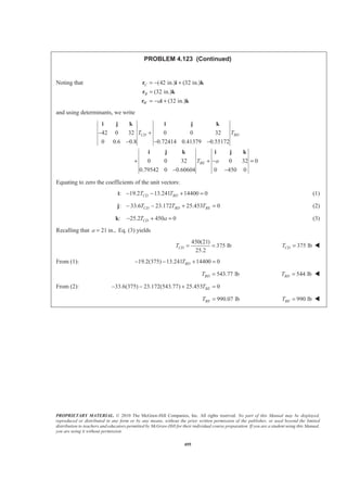 PROPRIETARY MATERIAL. © 2010 The McGraw-Hill Companies, Inc. All rights reserved. No part of this Manual may be displayed,
reproduced or distributed in any form or by any means, without the prior written permission of the publisher, or used beyond the limited
distribution to teachers and educators permitted by McGraw-Hill for their individual course preparation. If you are a student using this Manual,
you are using it without permission.
495
PROBLEM 4.123 (Continued)
Noting that (42 in.) (32 in.)
(32 in.)
(32 in.)
C
B
W a
= − +
=
= − +
r i k
r k
r i k
and using determinants, we write
42 0 32 0 0 32
0 0.6 0.8 0.72414 0.41379 0.55172
0 0 32 0 32 0
0.79542 0 0.60604 0 450 0
CD BD
BE
T T
T a
− +
− − −
+ + − =
− −
i j k i j k
i j k i j k
Equating to zero the coefficients of the unit vectors:
i: 19.2 13.241 14400 0CD BDT T− − + = (1)
: 33.6 23.172 25.453 0CD BD BET T T− − + =j (2)
k: 25.2 450 0CDT a− + = (3)
Recalling that 21 in.,a = Eq. (3) yields
450(21)
375 lb
25.2
CDT = = 375 lbCDT = W
From (1): 19.2(375) 13.241 14400 0BDT− − + =
543.77 lbBDT = 544 lbBDT = W
From (2): 33.6(375) 23.172(543.77) 25.453 0BET− − + =
990.07 lbBET = 990 lbBET = W
 