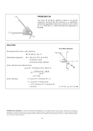 PROPRIETARY MATERIAL. © 2010 The McGraw-Hill Companies, Inc. All rights reserved. No part of this Manual may be displayed,
reproduced or distributed in any form or by any means, without the prior written permission of the publisher, or used beyond the limited
distribution to teachers and educators permitted by McGraw-Hill for their individual course preparation. If you are a student using this Manual,
you are using it without permission.
52
PROBLEM 2.50
Two forces P and Q are applied as shown to an aircraft
connection. Knowing that the connection is in equilibrium
and that the magnitudes of the forces exerted on rods A and B
are 750AF = lb and 400BF = lb, determine the magnitudes of
P and Q.
SOLUTION
Free-Body Diagram
Resolving the forces into x- and y-directions:
0A B= + + + =R P Q F F
Substituting components: cos 50 sin 50
[(750 lb)cos 50 ]
[(750 lb)sin 50 ] (400 lb)
P Q Q= − + ° − °
− °
+ ° +
R j i j
i
j i
In the x-direction (one unknown force)
cos 50 [(750 lb)cos 50 ] 400 lb 0Q ° − ° + =
(750 lb)cos 50 400 lb
cos 50
127.710 lb
Q
° −
=
°
=
In the y-direction: sin 50 (750 lb)sin 50 0P Q− − ° + ° =
sin 50 (750 lb)sin 50
(127.710 lb)sin 50 (750 lb)sin 50
476.70 lb
P Q= − ° + °
= − ° + °
= 477 lb; 127.7 lbP Q= = W
 