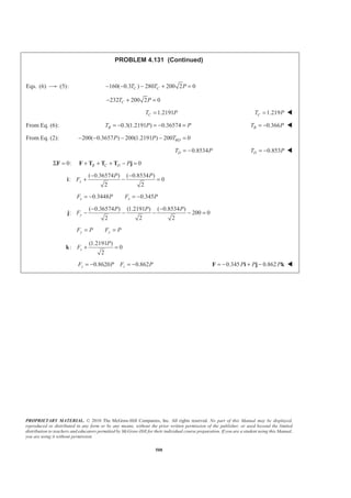PROPRIETARY MATERIAL. © 2010 The McGraw-Hill Companies, Inc. All rights reserved. No part of this Manual may be displayed,
reproduced or distributed in any form or by any means, without the prior written permission of the publisher, or used beyond the limited
distribution to teachers and educators permitted by McGraw-Hill for their individual course preparation. If you are a student using this Manual,
you are using it without permission.
508
PROBLEM 4.131 (Continued)
Eqs. (6) (5): 160( 0.3 ) 280 200 2 0C CT T P− − − + =
232 200 2 0CT P− + =
1.2191CT P= 1.219CT P= W
From Eq. (6): 0.3(1.2191 ) 0.36574BT P P= − = − = 0.366BT P= − W
From Eq. (2): 200( 0.3657 ) 200(1.2191 ) 200 0DP P Tθ− − − − =
0.8534DT P= − 0.853DT P= − W
0:Σ =F 0B C D P+ + + − =F T T T j
( 0.36574 ) ( 0.8534 )
: 0
2 2
x
P P
F
− −
+ − =i
0.3448 0.345x xF P F P= − = −
( 0.36574 ) (1.2191 ) ( 0.8534 )
: 200 0
2 2 2
y
P P P
F
− −
− − − − =j
y yF P F P= =
(1.2191 )
: 0
2
z
P
F + =k
0.8620 0.862z zF P F P= − = − 0.345 0.862P P P= − + −F i j k W
 