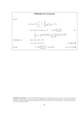 PROPRIETARY MATERIAL. © 2010 The McGraw-Hill Companies, Inc. All rights reserved. No part of this Manual may be displayed,
reproduced or distributed in any form or by any means, without the prior written permission of the publisher, or used beyond the limited
distribution to teachers and educators permitted by McGraw-Hill for their individual course preparation. If you are a student using this Manual,
you are using it without permission.
519
PROBLEM 4.139 (Continued)
Eq. (1):
/ 2 1/2
2 1 2
( ) 4 0 0 32
3(32 )
4 4
AF B A
T
T
y
y
− −
⋅ × = = −
+
− −
Ȝ r
2 1/2
2 1/2 (32 )
( 16 8 ) 3 32(32 ) 96
8 16
+
− − = − × + =
+
y
y T y T
y
(2)
2 1/2 2 1/21
2
2
(8 +16) (32 ) (2 ) (32 ) (8)
0: 96
(8 16)
y y y ydT
dy y
−
+ + +
=
+
Numerator = 0: 2
(8 16) (32 )8y y y+ = +
2 2
8 16 32 8 8y y y+ = × + 16.00 fty = W
Eq. (2):
2 1/2
(32 16 )
96 11.3137 lb
8 16 16
T
+
= =
× +
min 11.31 lbT = W
 