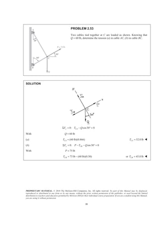 PROPRIETARY MATERIAL. © 2010 The McGraw-Hill Companies, Inc. All rights reserved. No part of this Manual may be displayed,
reproduced or distributed in any form or by any means, without the prior written permission of the publisher, or used beyond the limited
distribution to teachers and educators permitted by McGraw-Hill for their individual course preparation. If you are a student using this Manual,
you are using it without permission.
55
PROBLEM 2.53
Two cables tied together at C are loaded as shown. Knowing that
Q = 60 lb, determine the tension (a) in cable AC, (b) in cable BC.
SOLUTION
0: cos30 0y CAF T QΣ = − ° =
With 60 lbQ =
(a) (60 lb)(0.866)CAT = 52.0 lbCAT = W
(b) 0: sin30 0x CBF P T QΣ = − − ° =
With 75 lbP =
75 lb (60 lb)(0.50)CBT = − or 45.0 lbCBT = W
 