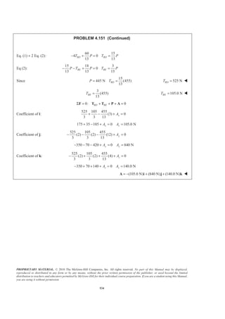 PROPRIETARY MATERIAL. © 2010 The McGraw-Hill Companies, Inc. All rights reserved. No part of this Manual may be displayed,
reproduced or distributed in any form or by any means, without the prior written permission of the publisher, or used beyond the limited
distribution to teachers and educators permitted by McGraw-Hill for their individual course preparation. If you are a student using this Manual,
you are using it without permission.
534
PROBLEM 4.151 (Continued)
Eq. (1) + 2 Eq. (2):
60 15
4 0
13 13
BD BDT P T P− + = =
Eq (2):
15 18 3
0
13 13 13
BE BEP T P T P− − + = =
Since
15
445 N (455)
13
BDP T= = 525 NBDT = W
3
(455)
13
BET = 105.0 NBET = W
0: 0BD BEΣ = + + + =F T T P A
Coefficient of i:
525 105 455
(3) 0
3 3 13
xA+ − + =
175 35 105 0 105.0 Nx xA A+ − + = =
Coefficient of j:
525 105 455
(2) (2) (12) 0
3 3 13
yA− − − + =
350 70 420 0 840 Ny yA A− − − + = =
Coefficient of k:
525 105 455
(2) (2) (4) 0
3 3 13
zA− + + + =
350 70 140 0 140.0 Nz zA A− + + + = =
(105.0 N) (840 N) (140.0 N)= − + +A i j k W
 