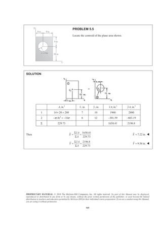 PROPRIETARY MATERIAL. © 2010 The McGraw-Hill Companies, Inc. All rights reserved. No part of this Manual may be displayed,
reproduced or distributed in any form or by any means, without the prior written permission of the publisher, or used beyond the limited
distribution to teachers and educators permitted by McGraw-Hill for their individual course preparation. If you are a student using this Manual,
you are using it without permission.
545
PROBLEM 5.5
Locate the centroid of the plane area shown.
SOLUTION
2
, in.A , in.x , in.y 3
, in.xA 3
, in.yA
1 14 20 280× = 7 10 1960 2800
2 2
(4) 16π π− = − 6 12 –301.59 –603.19
Σ 229.73 1658.41 2196.8
Then
1658.41
229.73
xA
X
A
Σ
= =
Σ
7.22 in.X = W
2196.8
229.73
yA
Y
A
Σ
= =
Σ
9.56 in.Y = W
 
