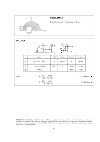 PROPRIETARY MATERIAL. © 2010 The McGraw-Hill Companies, Inc. All rights reserved. No part of this Manual may be displayed,
reproduced or distributed in any form or by any means, without the prior written permission of the publisher, or used beyond the limited
distribution to teachers and educators permitted by McGraw-Hill for their individual course preparation. If you are a student using this Manual,
you are using it without permission.
547
PROBLEM 5.7
Locate the centroid of the plane area shown.
SOLUTION
2
, in.A , in.x , in.y 3
, in.xA 3
, in.yA
1 2
(38) 2268.2
2
π
= 0 16.1277 0 36581
2 20 16 320− × = − −10 8 3200 −2560
Σ 1948.23 3200 34021
Then
3200
1948.23
xA
X
A
Σ
= =
Σ
1.643 in.X = W
34021
1948.23
yA
Y
A
Σ
= =
Σ
17.46 in.Y = W
 