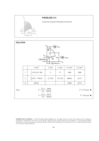 PROPRIETARY MATERIAL. © 2010 The McGraw-Hill Companies, Inc. All rights reserved. No part of this Manual may be displayed,
reproduced or distributed in any form or by any means, without the prior written permission of the publisher, or used beyond the limited
distribution to teachers and educators permitted by McGraw-Hill for their individual course preparation. If you are a student using this Manual,
you are using it without permission.
553
PROBLEM 5.13
Locate the centroid of the plane area shown.
SOLUTION
2
, mmA , mmx , mmy 3
, mmxA 3
, mmyA
1
1
30 20 200
3
× × = 9 15 1800 3000
2 2
(30) 706.86
4
π
= 12.7324 32.7324 9000.0 23137
Σ 906.86 10800 26137
Then
10800
906.86
xA
X
A
Σ
= =
Σ
11.91mmX = W
26137
906.86
yA
Y
A
Σ
= =
Σ
28.8 mmY = W
 